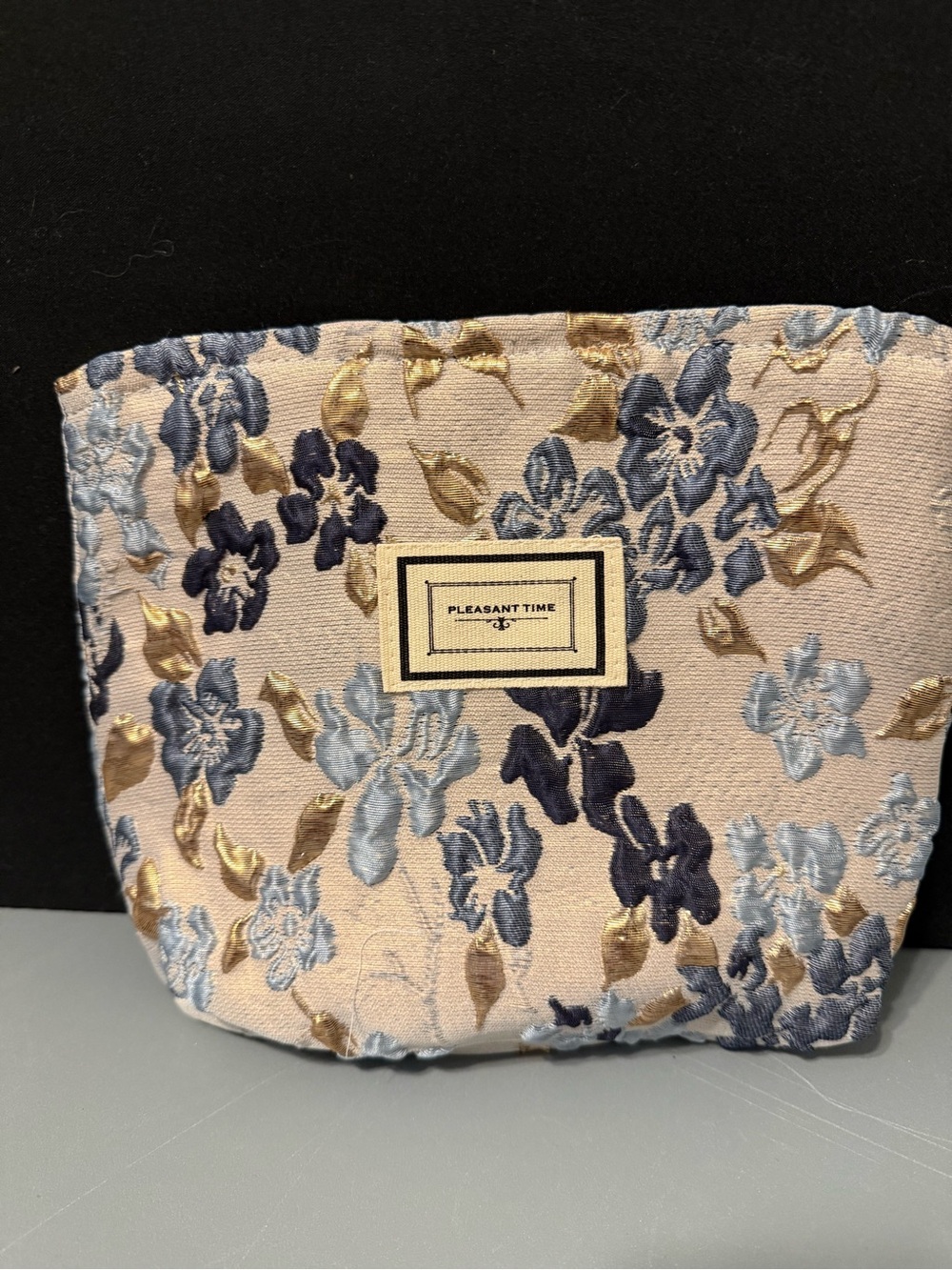 Pleasant Time Floral Embroidered Cosmetic Bag - Blue & Gold Flowers
